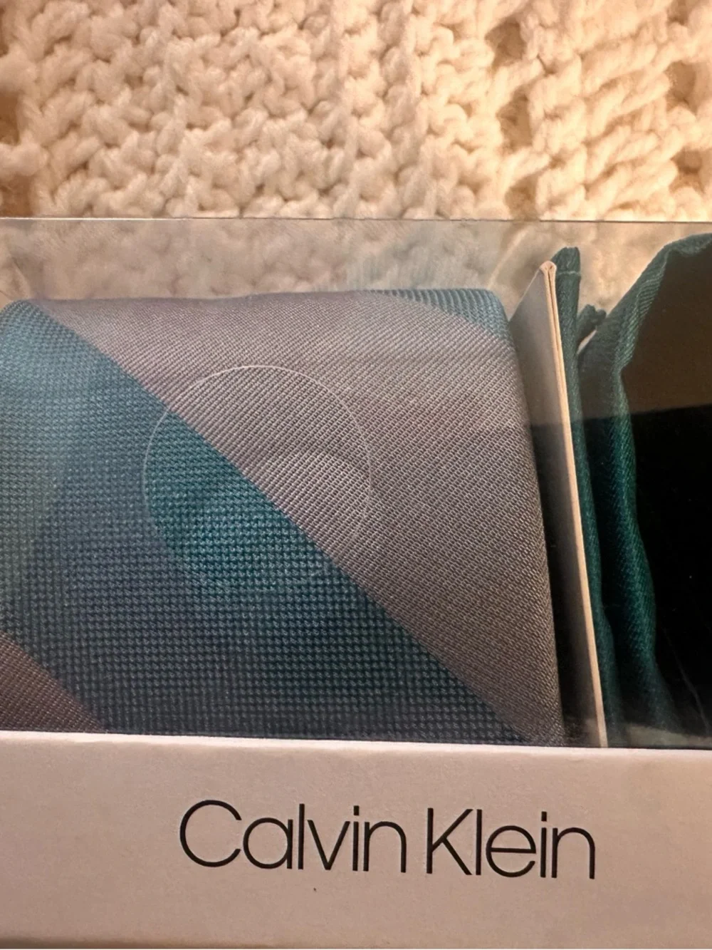Calvin Klein Teal & Gray Tie and Teal Pocket Square Set - Picture 3 of 4